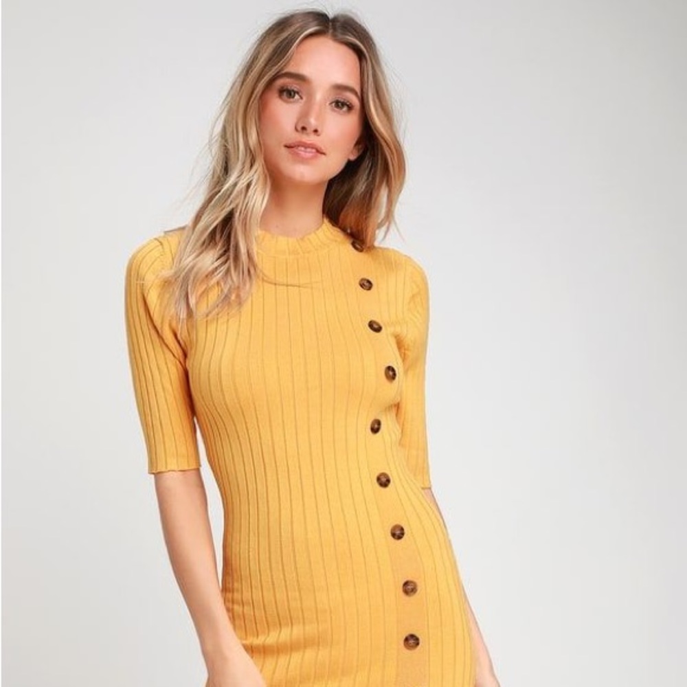 Golden Ribbed V-Neck Midi Dress